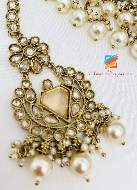 Polki Monalisa Golden Necklace Earrings Tikka Set