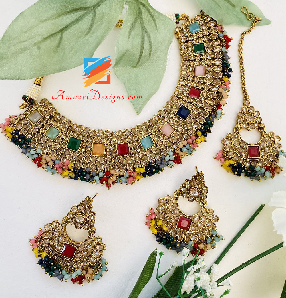 Polki Multicoloured Necklace Earrings Tikka Set