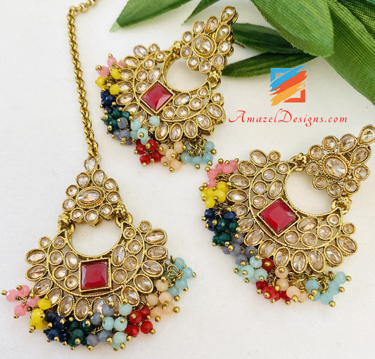 Polki Multicoloured Necklace Earrings Tikka Set