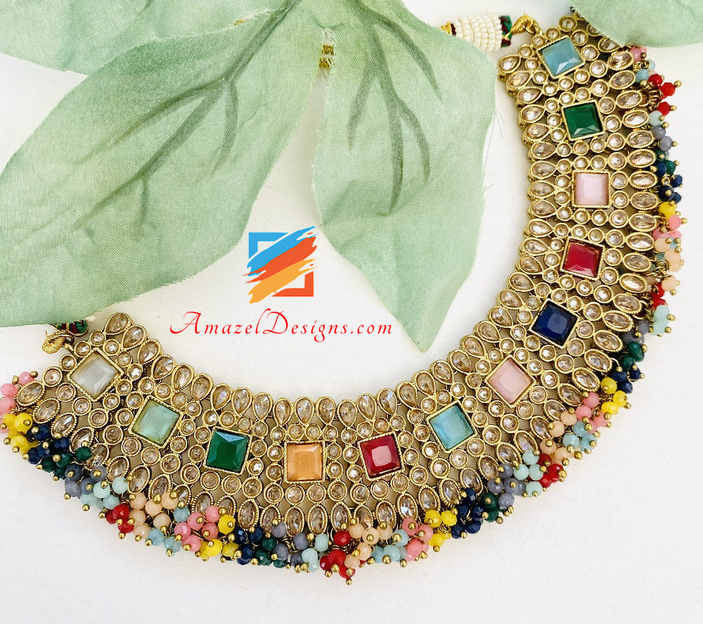 Polki Multicoloured Necklace Earrings Tikka Set