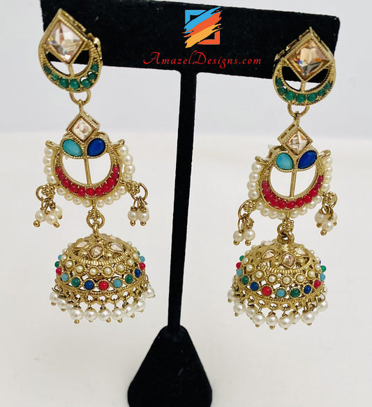 Collana Polki Multicolore Orecchini Jhumki Set Tikka 