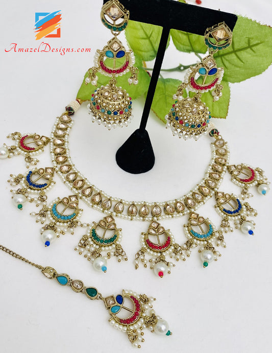 Collana Polki Multicolore Orecchini Jhumki Set Tikka 