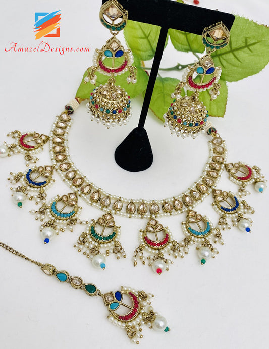 Polki Multicoloured Necklace Jhumki Earrings Tikka Set
