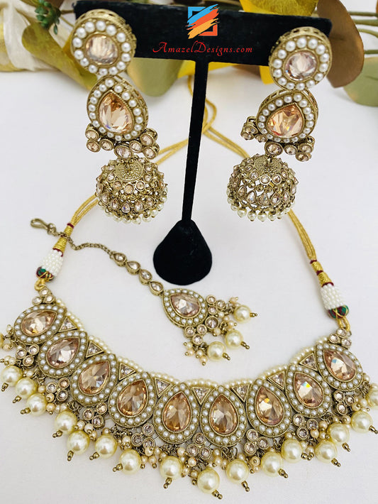 Polki Necklace Champagn Jhumki Earrings Tikka Set