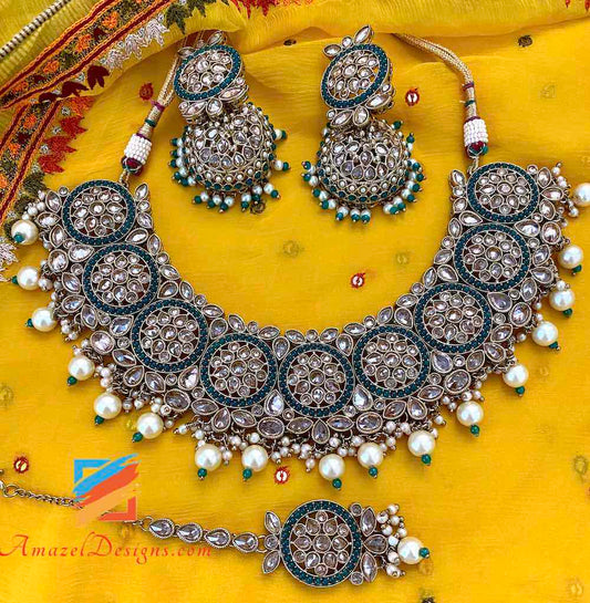 Polki Green Necklace Jhumka and Tikka Set