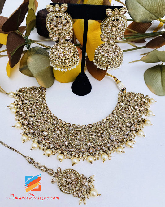 Polki Necklace Jhumki Earrings Tikka Set