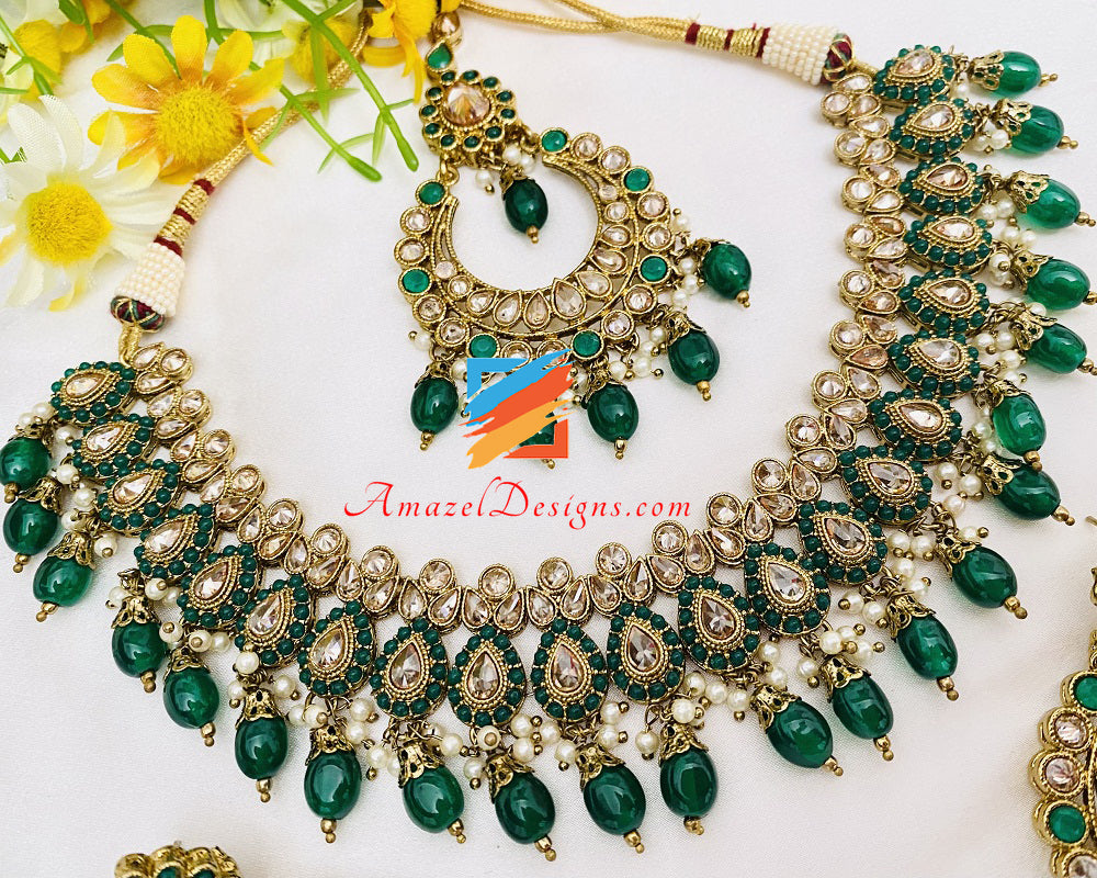 Polki-Halsketten-Set – leichte grüne Perlen