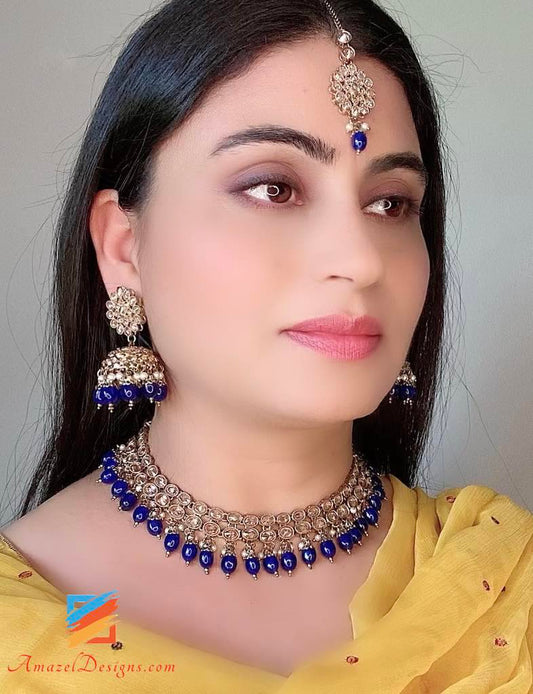 Polki Necklace with Blue Beads Jhoomkis Earrings and small Tikka set