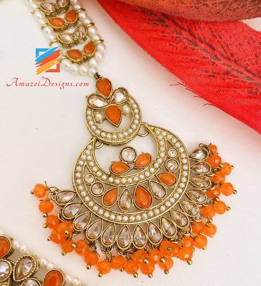 Polki Orange 🍊 Choker Necklace Earrings Tikka Set