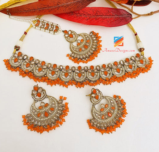 Polki Orange 🍊 Choker Necklace Earrings Tikka Set