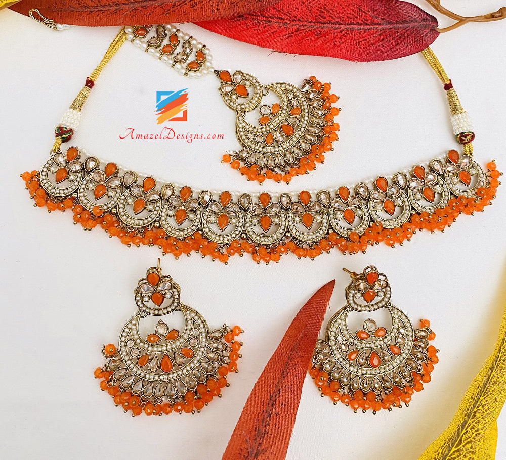 Polki Orange 🍊 Choker Necklace Earrings Tikka Set