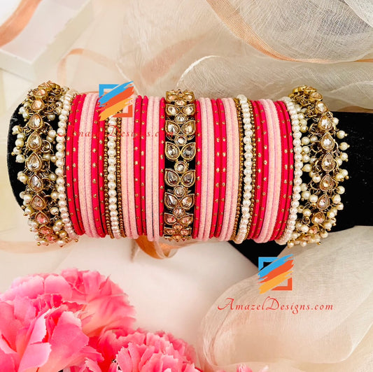 Polki Patti Pearl Pink and Hot Pink Bangle Set