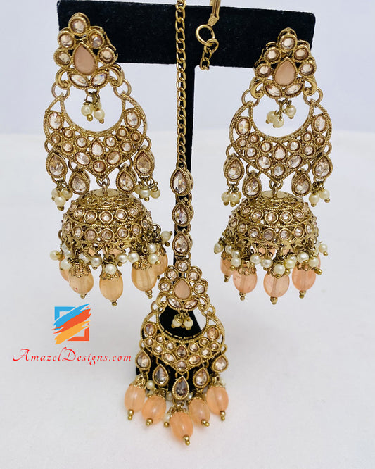 Polki Peach Jhumki Earrings Tikka Set