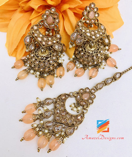 Polki Pfirsich Jhumki Ohrringe Tikka Set 