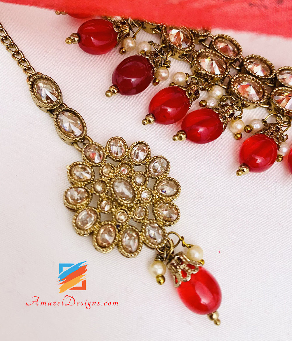 Polki Red Necklace Jhumki Earrings Tikka Set