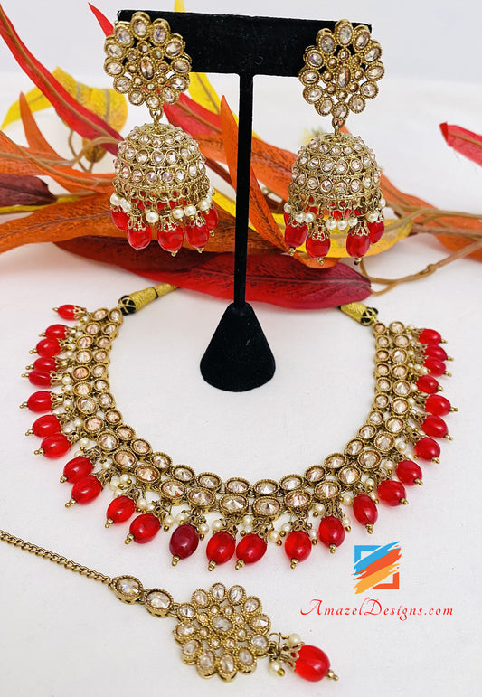 Polki Red Necklace Jhumki Earrings Tikka Set