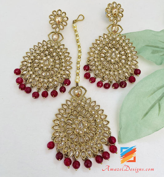 Polki Ruby Maroon Earrings Tikka Set