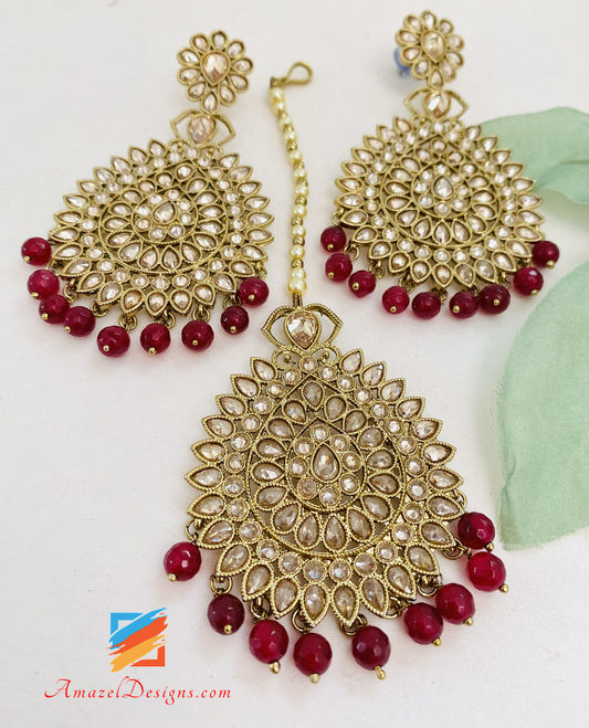 Polki Ruby Maroon Earrings Tikka Set