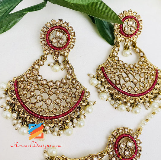 Polki Ruby Maroon Earrings Tikka Set