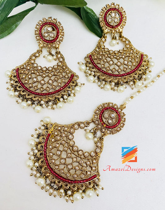 Polki Ruby Maroon Earrings Tikka Set