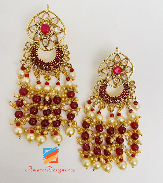 Polki Ruby Maroon Hanging Beads Earrings