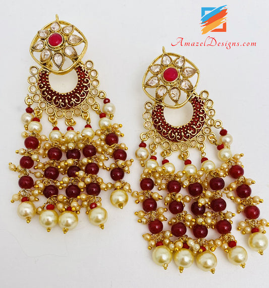 Polki Ruby Maroon Hanging Beads Earrings