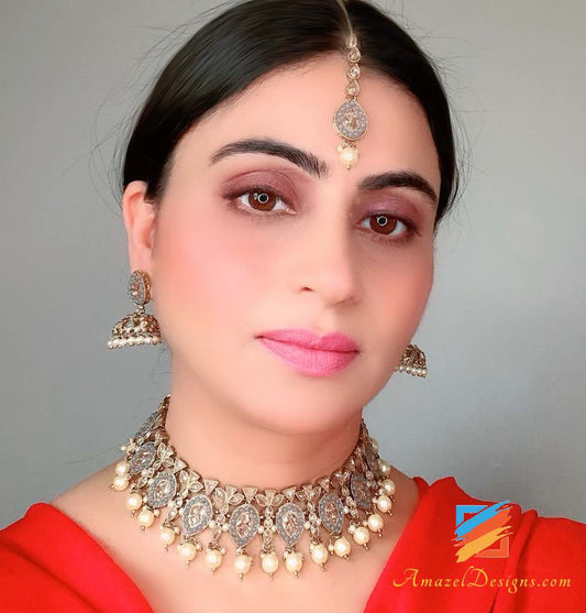 Grey Polki Necklace and Small Jhumki Tikka Set