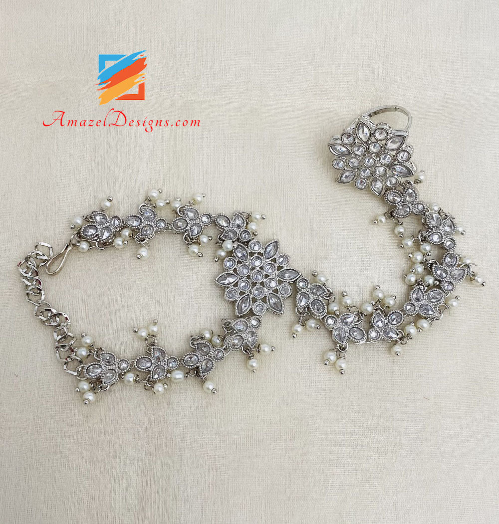 Manipolo in argento Polki con perline bianche 