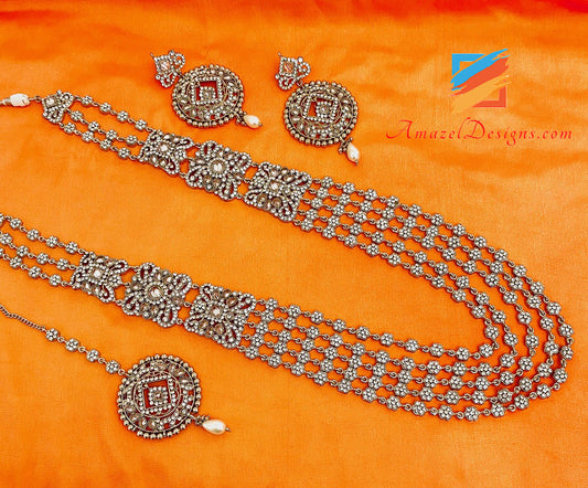 Polki Silver Stones Orecchini Rani Haar Set Tikka 