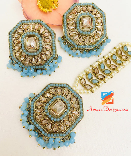 Polki Sky Blue Feerozi Lightweight Studs Earrings Tikka Set