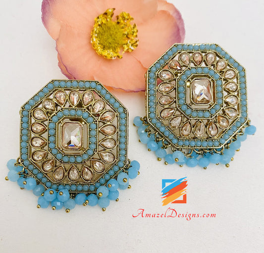 Polki Sky Blue Feerozi Lightweight Studs Earrings Tikka Set