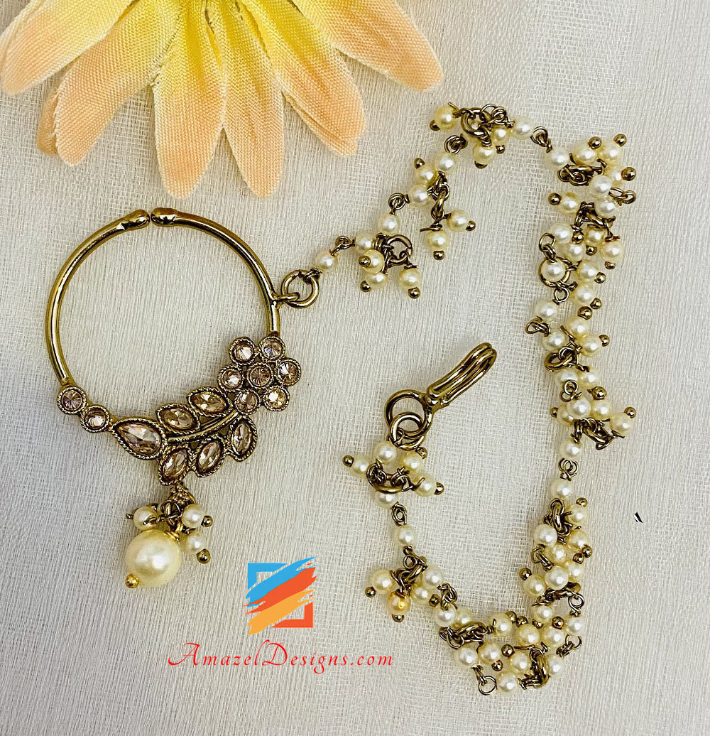 Polki Small Nath With Cream Beads And Chain