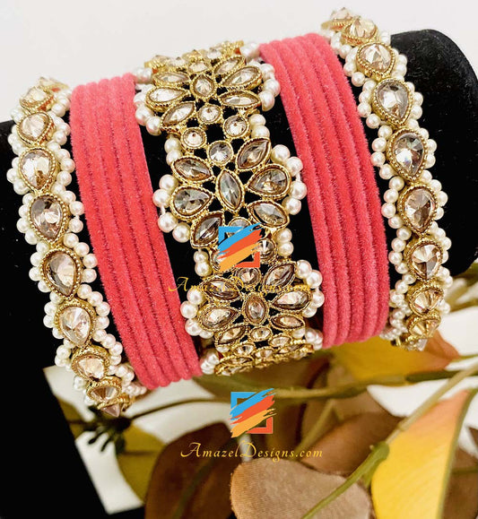 Polki Thick Flower Kada Bridal / Non Bridal Bangle Set