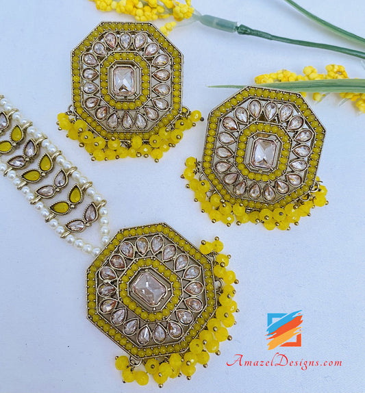 Polki Yellow Lightweight Studs Earrings Tikka Set