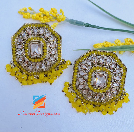 Polki Yellow Lightweight Studs Earrings Tikka Set