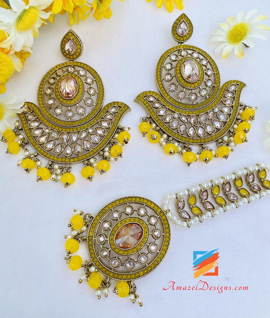 Polki Yellow Oversized Earrings And Tikka Set