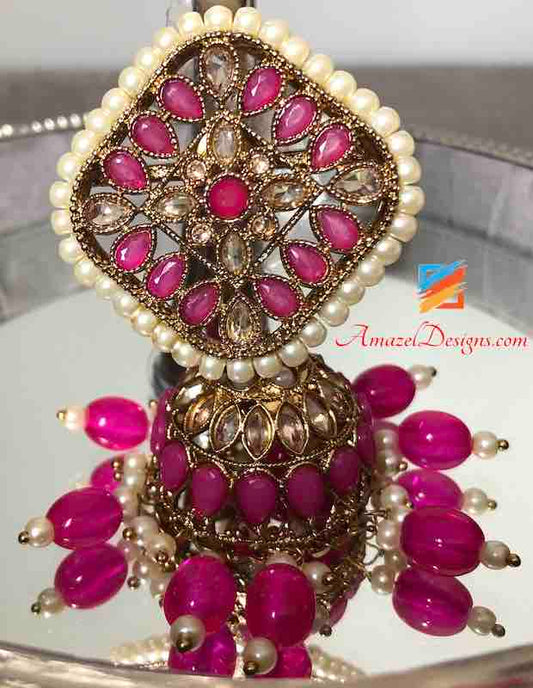 POLKI Magenta und Off White Jhumki Tikka Ohrring-Set