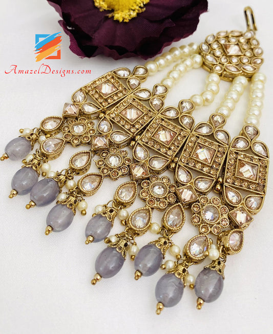 Polki And Stone Jhoomer With Grey Beads