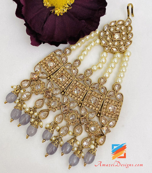 Polki And Stone Jhoomer With Grey Beads