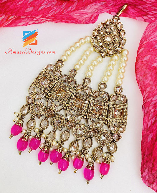 Polki and Stone Magenta (Hot Pink) Beads Jhoomer