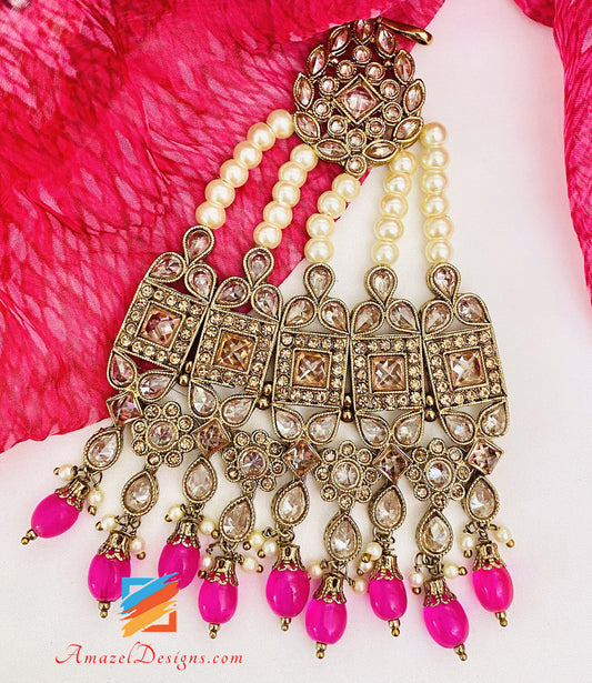Polki and Stone Magenta (Hot Pink) Beads Jhoomer