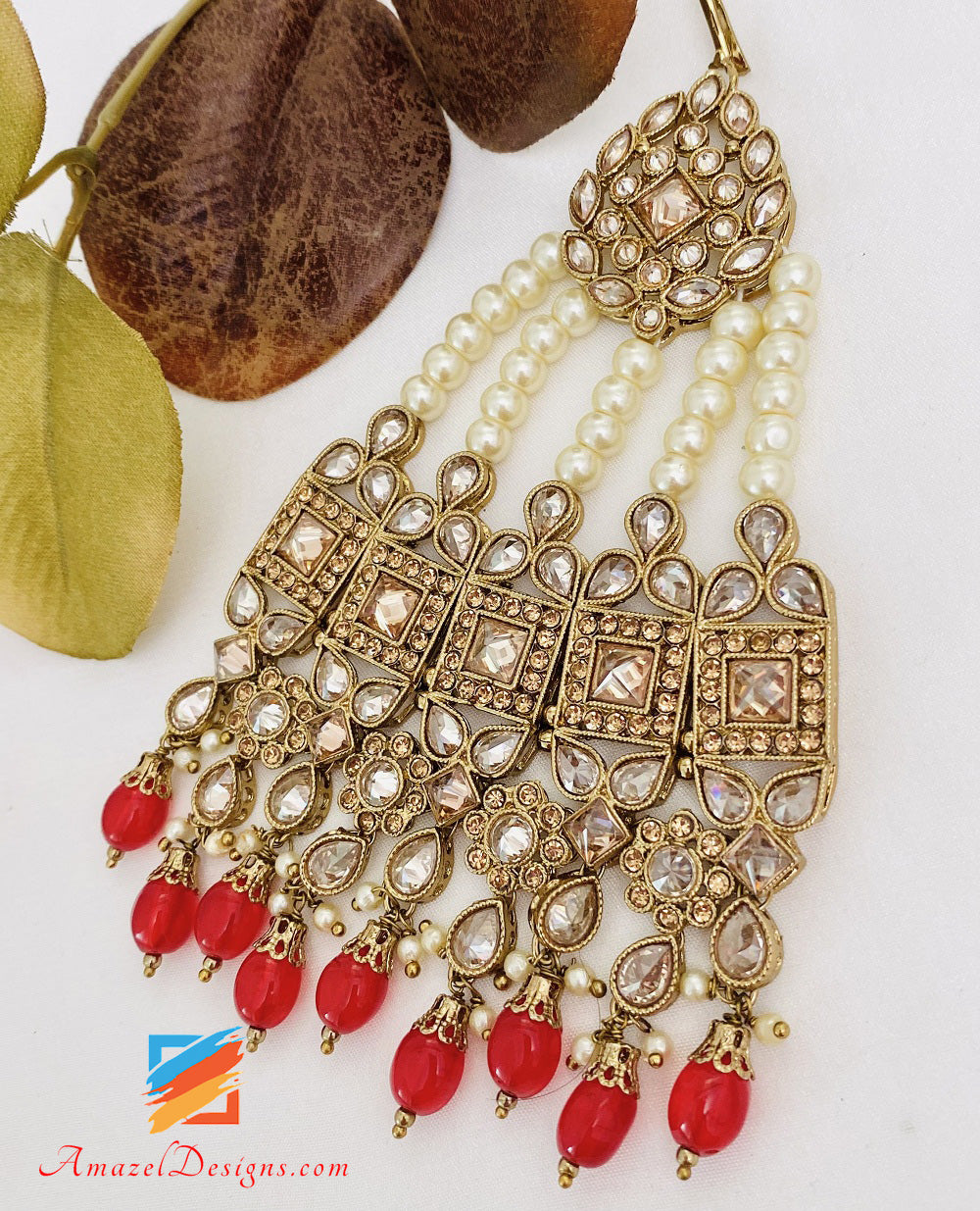 Polki And Stones Red Beads Jhoomer