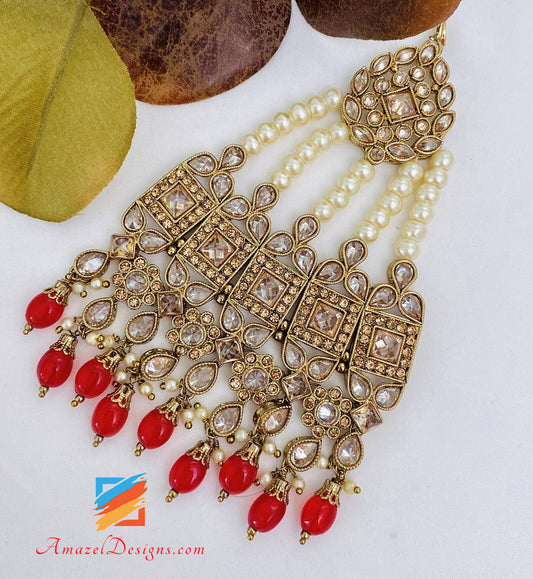 Polki And Stones Red Beads Jhoomer