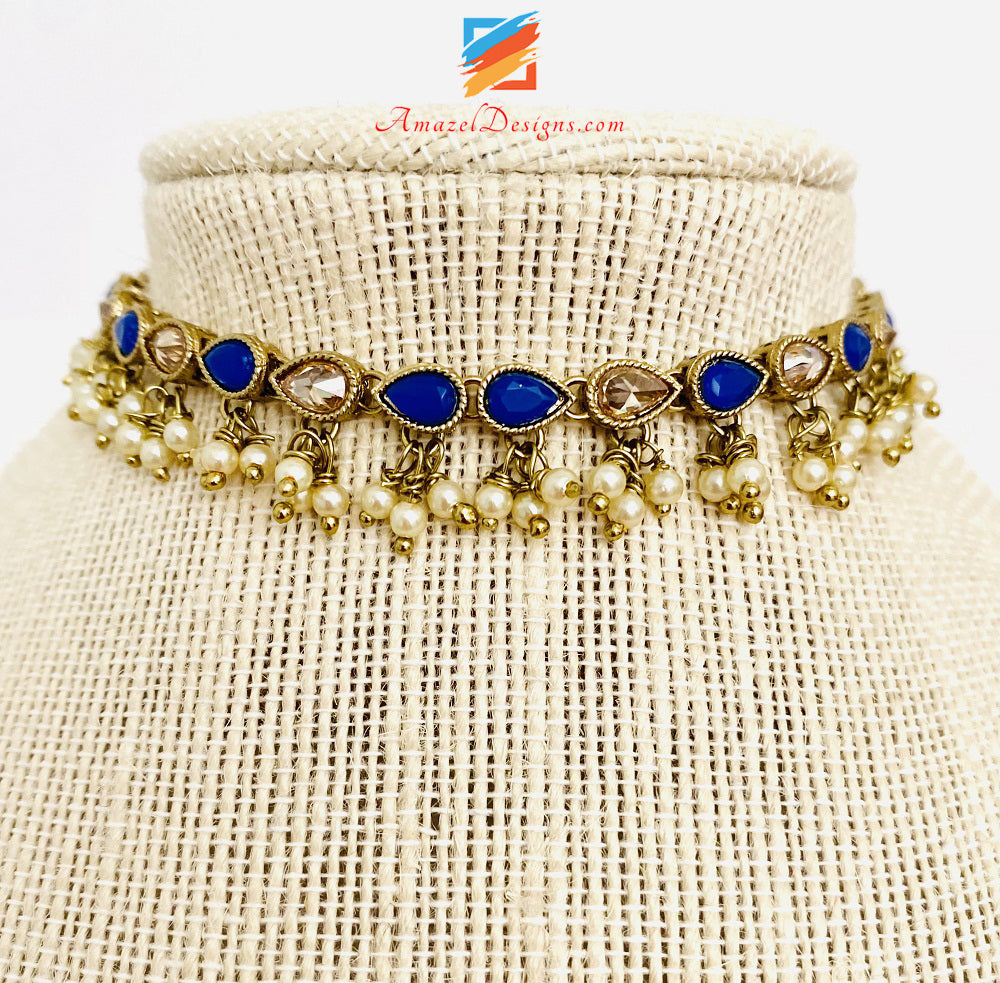 Einreihiger Halsband/Halskette mit blauen Polki-Perlen zum Aufhängen