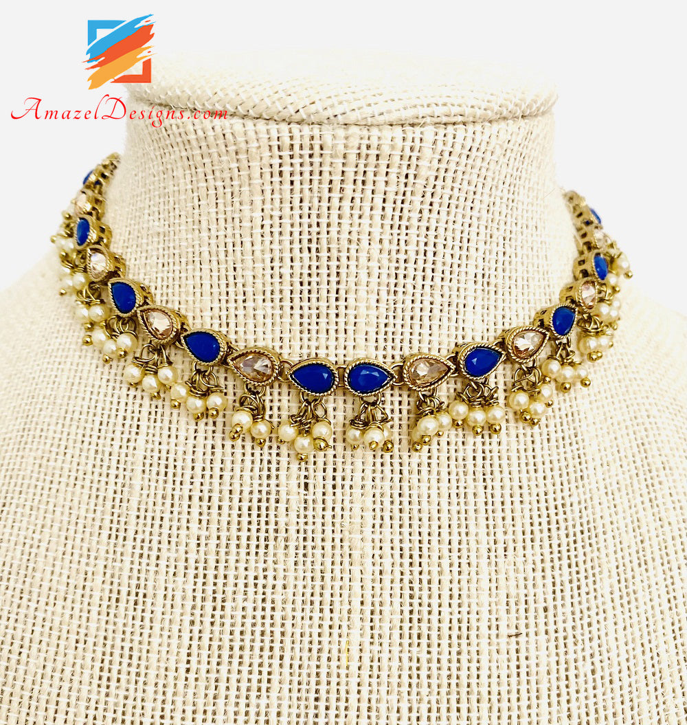 Polki Hanging Beads Blue Single Line Choker/Necklace