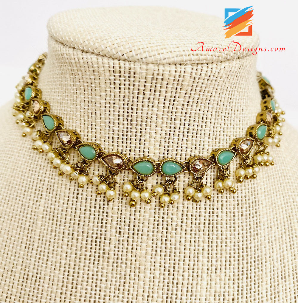 Polki Hanging Beads Mint Single Line Choker/Necklace