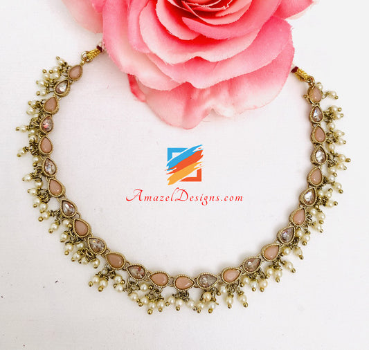 Polki-Halsband/Halskette mit hängenden Perlen, pfirsichfarben, einreihig