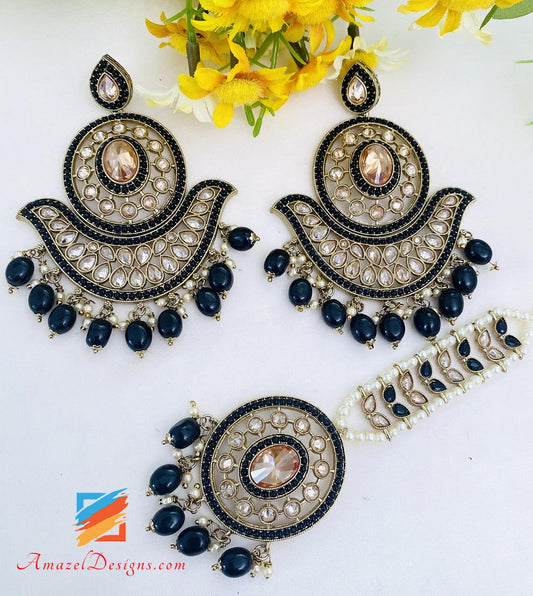 Polki Oversized Black Earrings Tikka Set