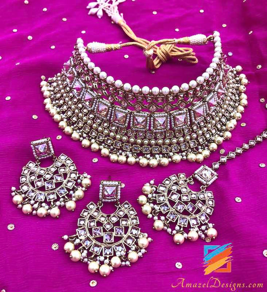 Bridal Polki Necklace and Earrings Tikka Set