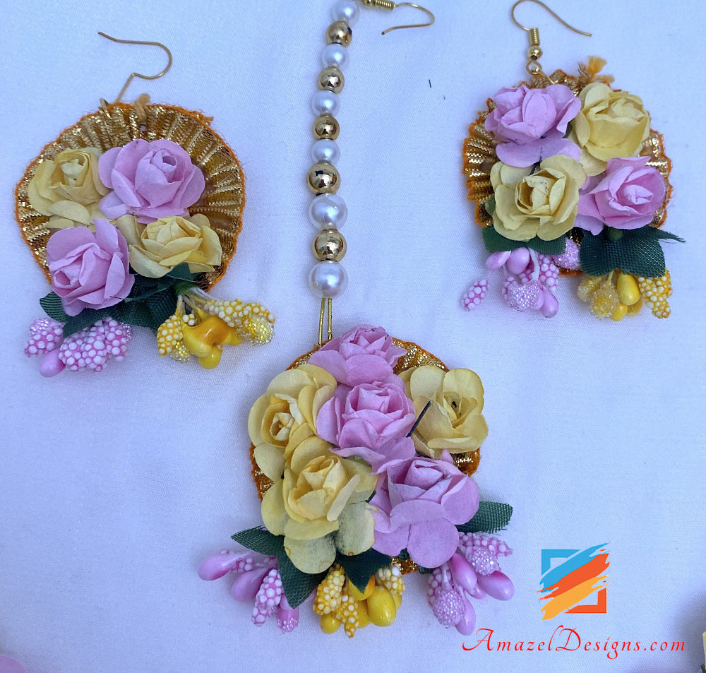 Pink Yellow Necklace Earrings Tikka and Kada Rings Set